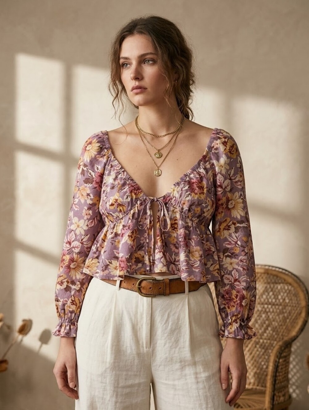 TIMING Floral Tie Front Peasant Crop Top M Cottagecore Boho Whimsigoth Fairy